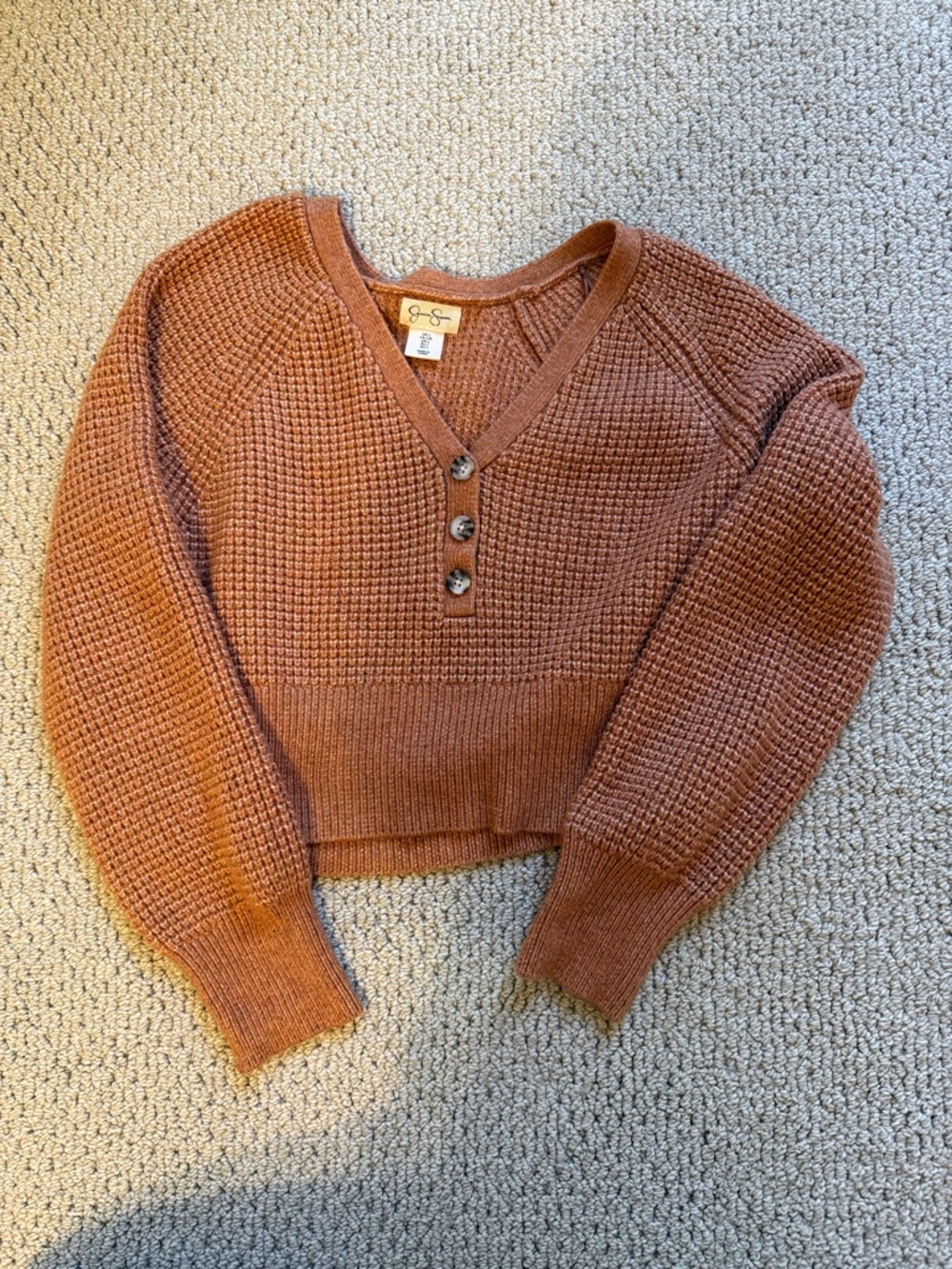 Jessica Simpson Rust-Orange Waffle Knit V-Neck Sweater